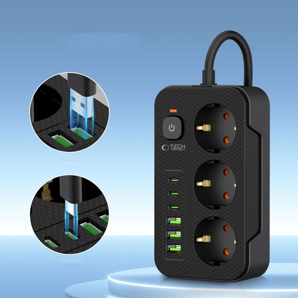 Verlengsnoer Tech-Protect PC3X6, 3 x Schuko, Zwart