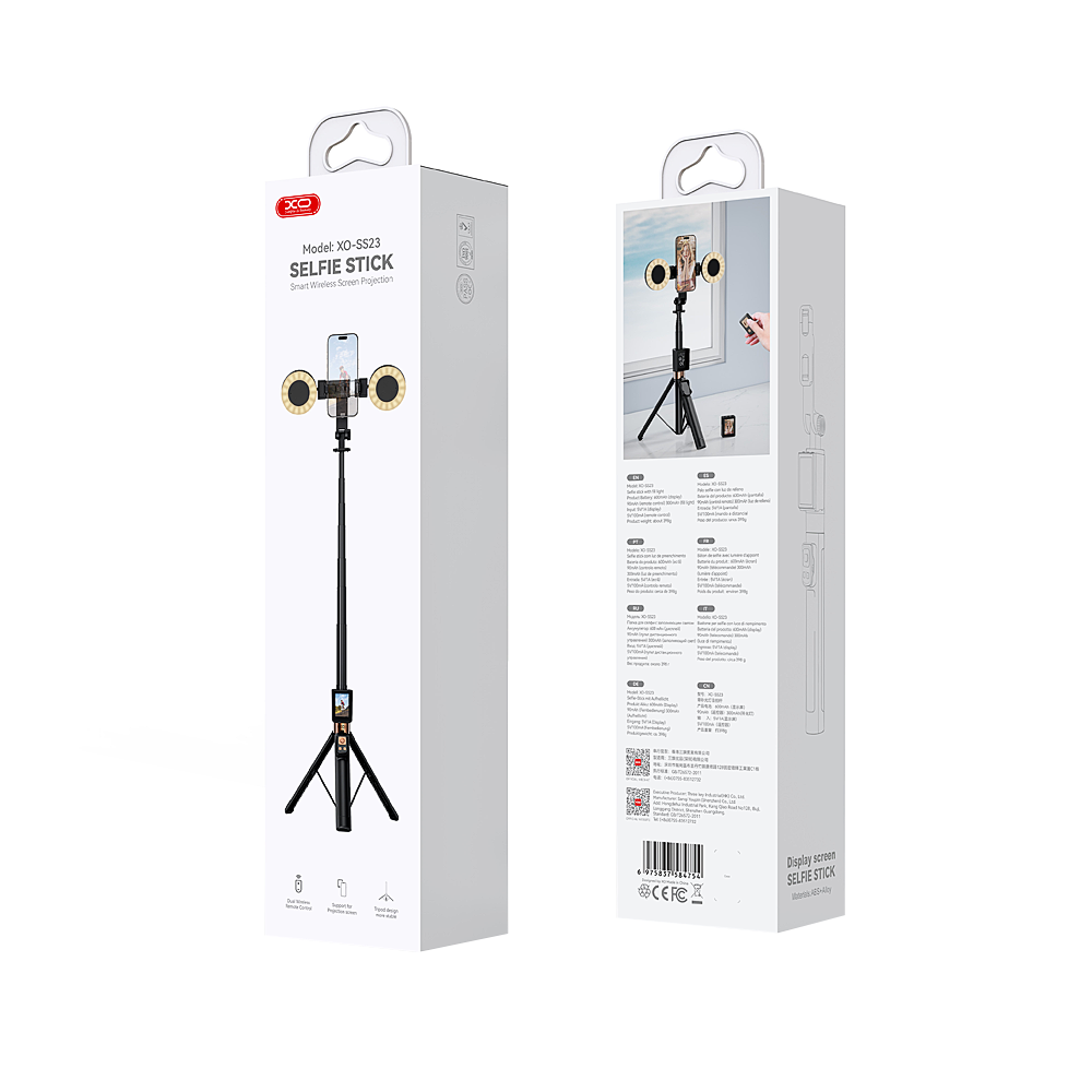 Selfie Stick Bluetooth XO Design SS23 Dual Lights, Universeel, Zwart
