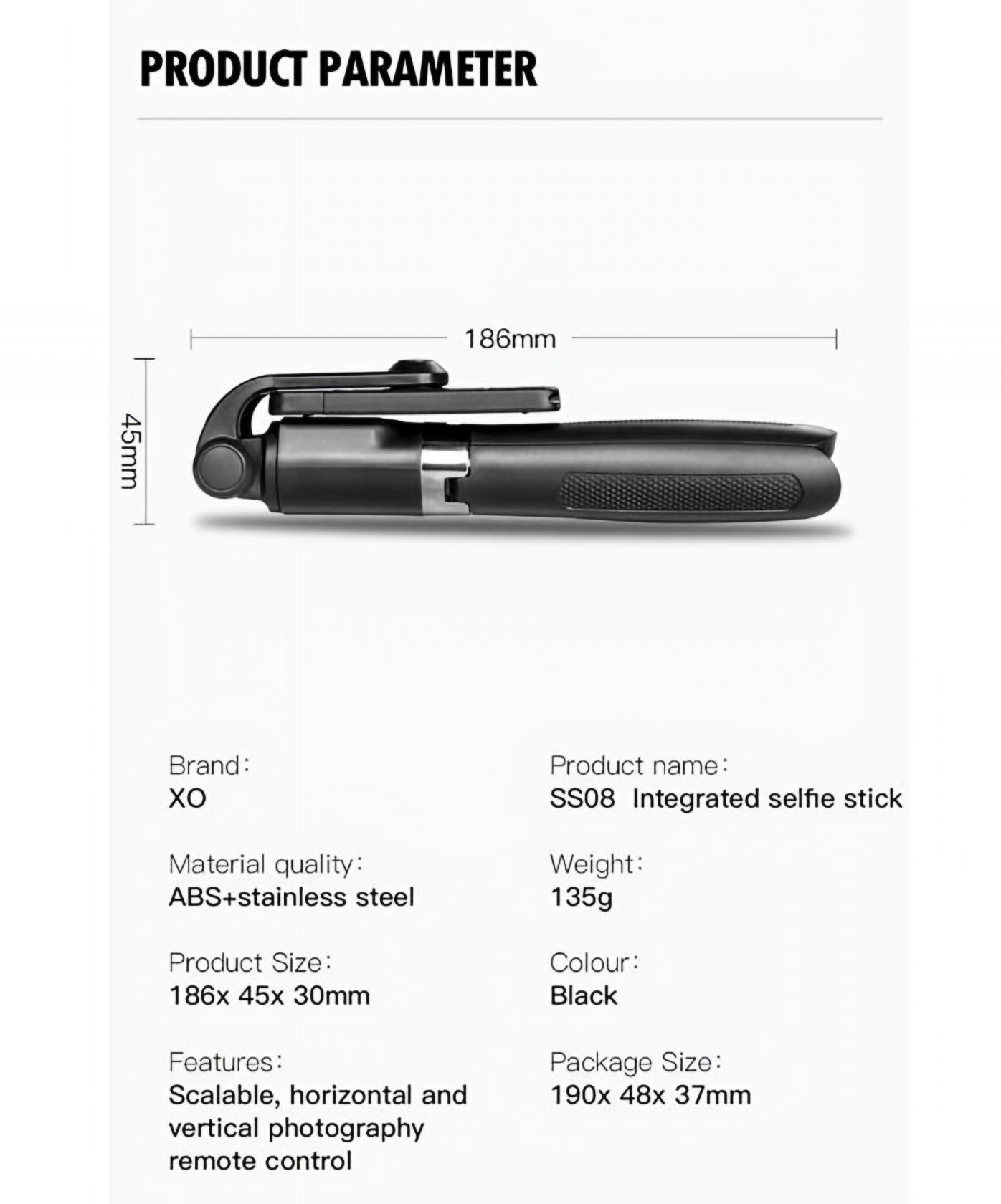 Bluetooth Selfie Stick XO Design SS08, Universal, Black