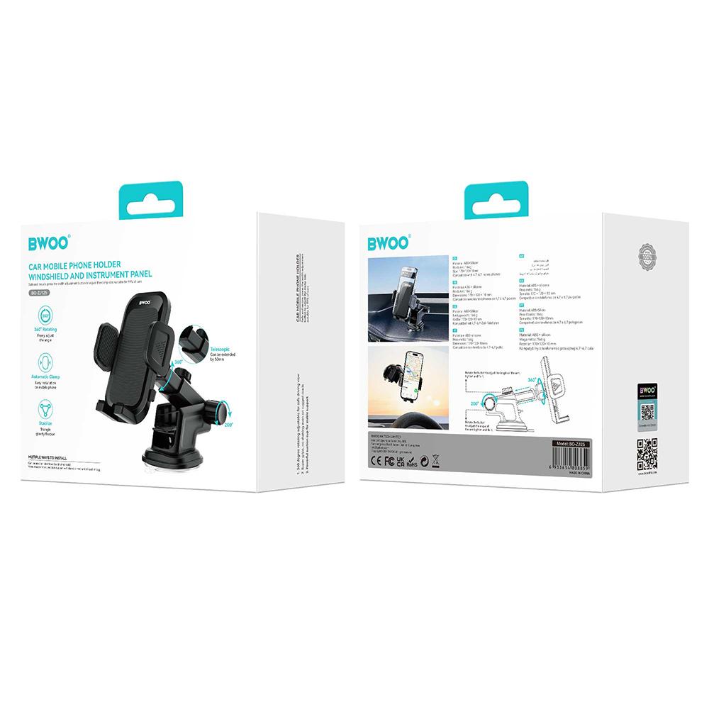 Autohouder BWOO BO-ZJ125, 4,7 inch - 6,7 inch, Zwart